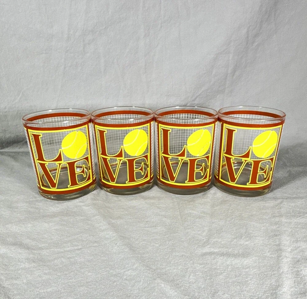 Vtg MCM Cera Tennis LOVE Glasses Lowball Rocks Glasses Pop Art Set of 4 Signed